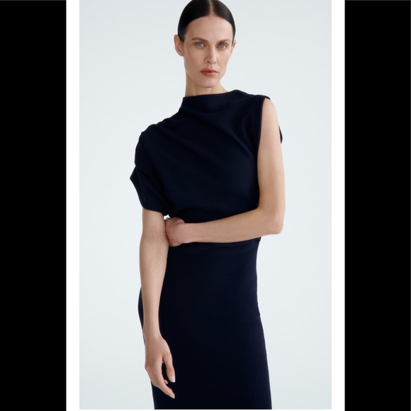 ZARA Asymmetric Sleeve Knit Dress Navy Blue - Picture 5 of 6
